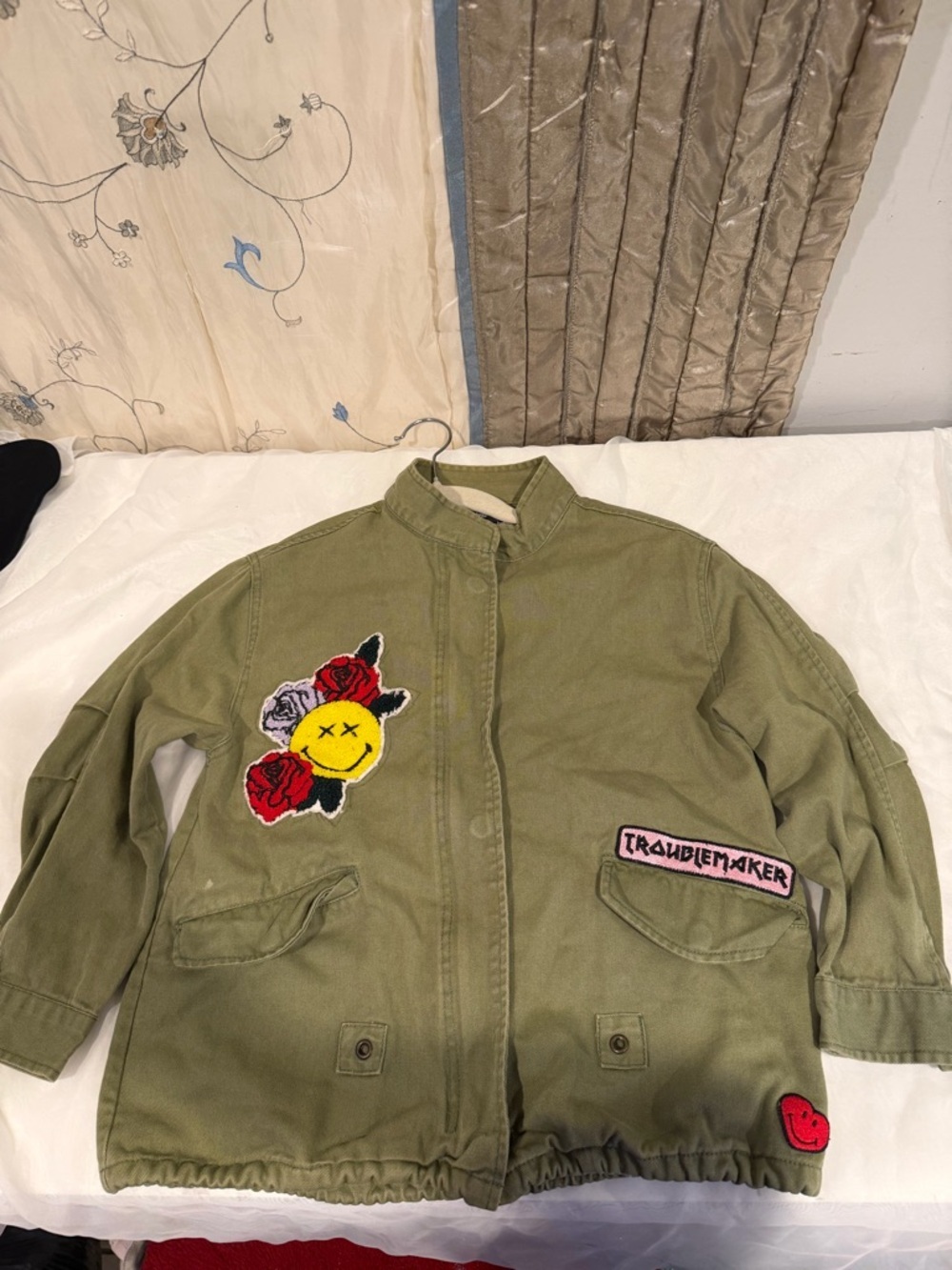 Zara Olive Green Patchwork Jean Jacket with Red & Yellow Accents - Picture 1 of 10